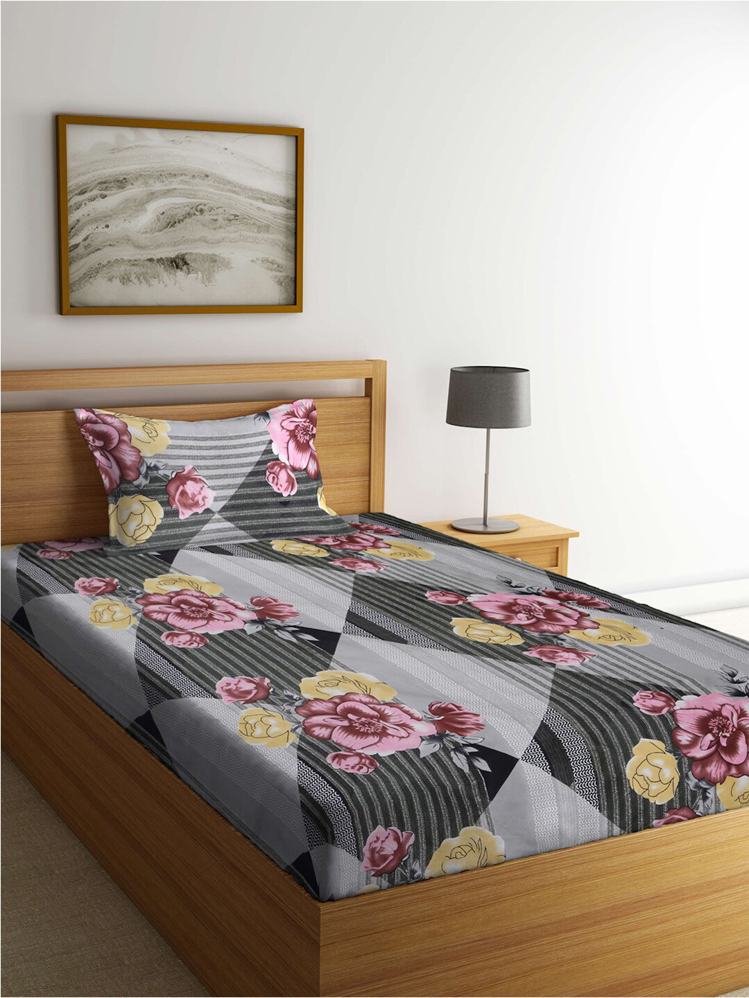 

FABINALIV Grey & Pink Floral Fitted 300 TC Single Bedsheet With 1 Pillow Cover
