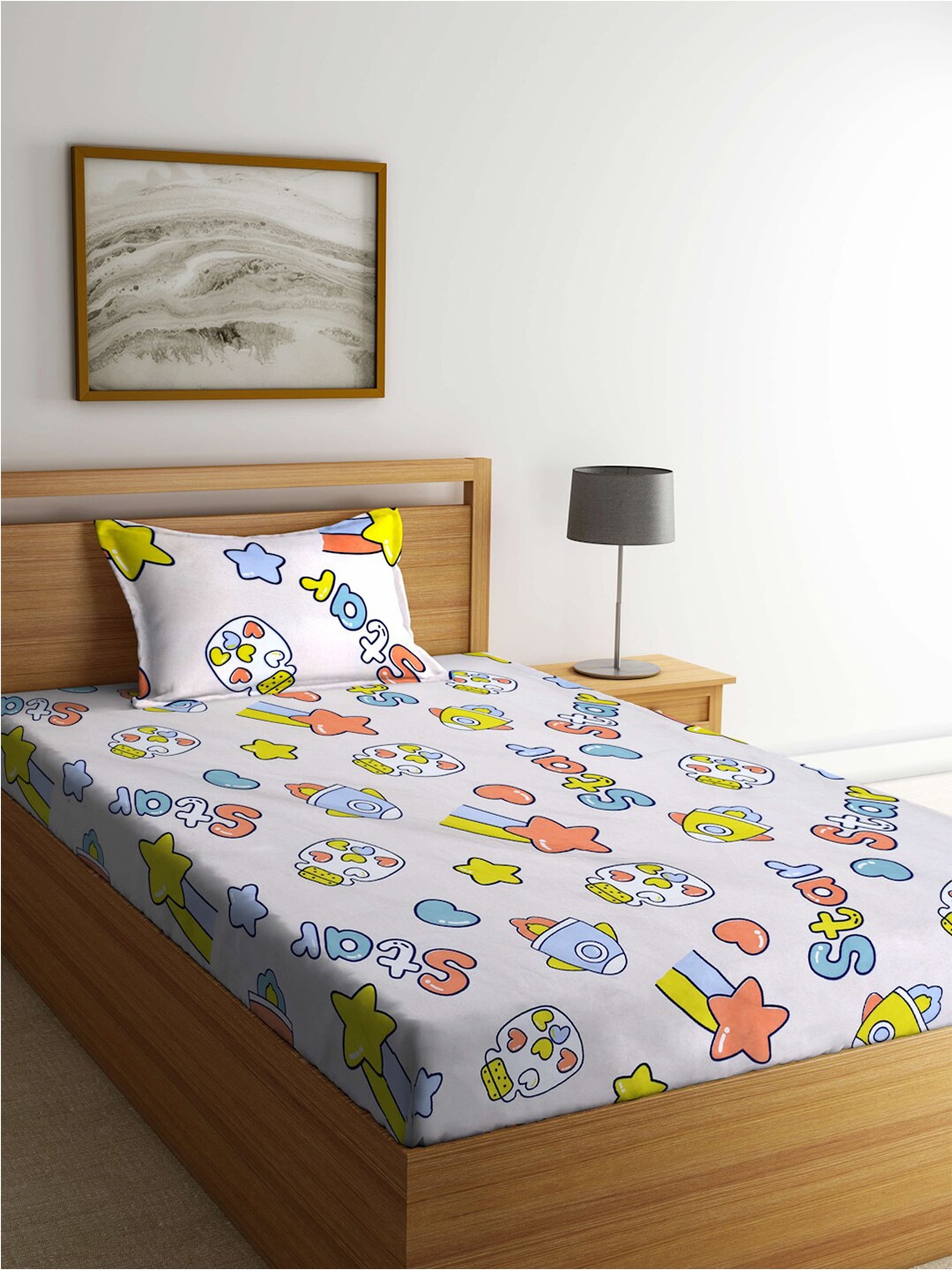 

FABINALIV White & Blue Printed Fitted 300 TC Single Bedsheet With 1 Pillow Cover