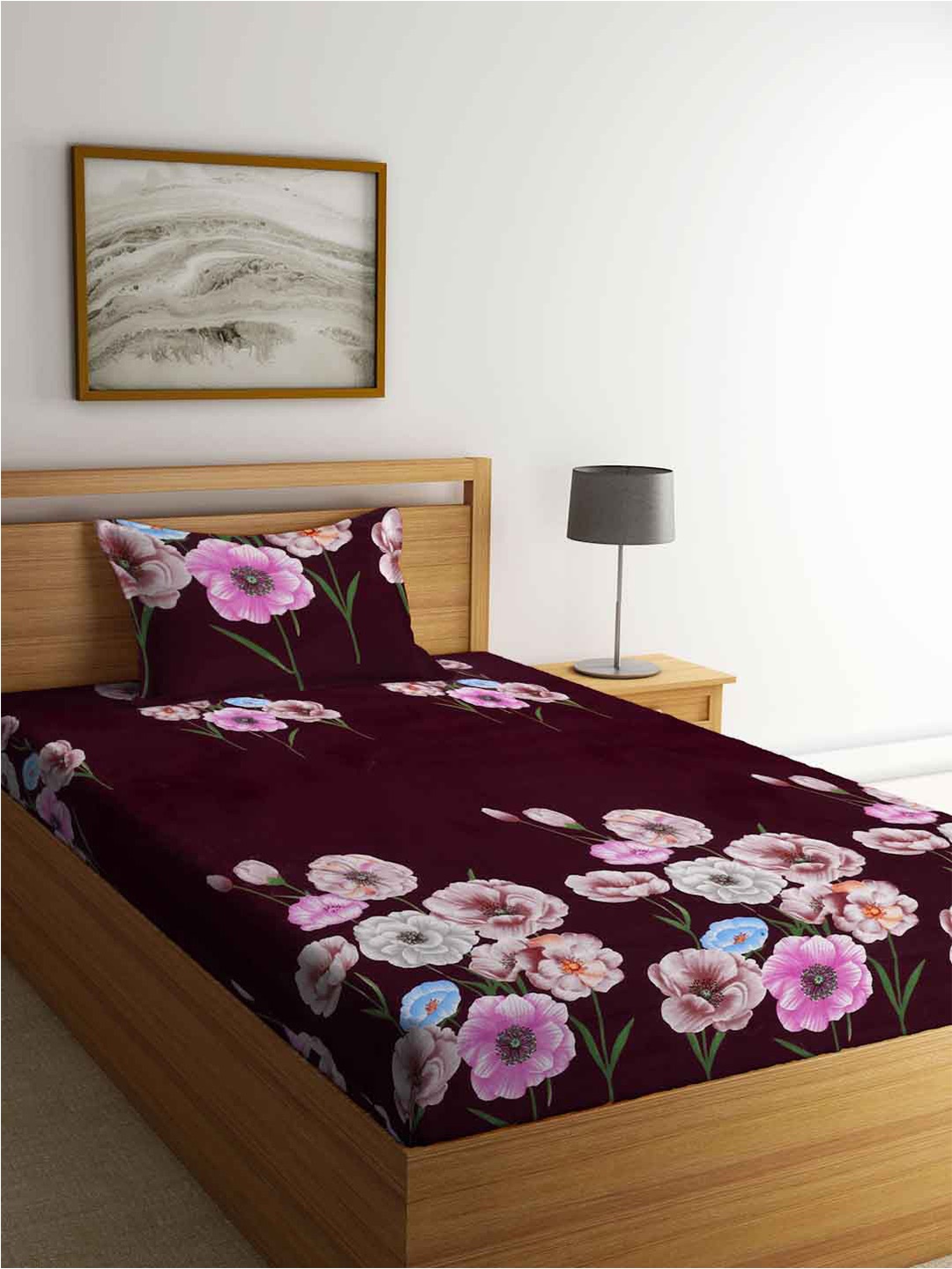 

FABINALIV Maroon & White Floral Fitted 300 TC Single Bedsheet With 1 Pillow Cover