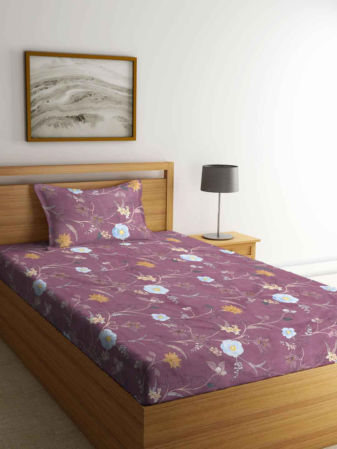 

FABINALIV Purple & White Floral Fitted 300 TC Single Bedsheet With 1 Pillow Cover
