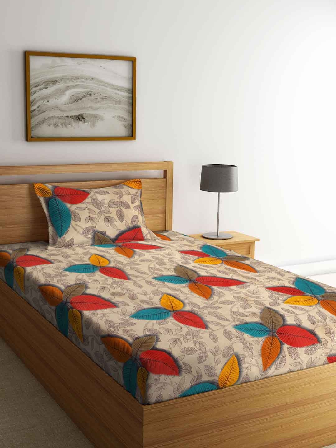 

FABINALIV Cream & Brown Floral Fitted 300 TC Single Bedsheet With 1 Pillow Cover