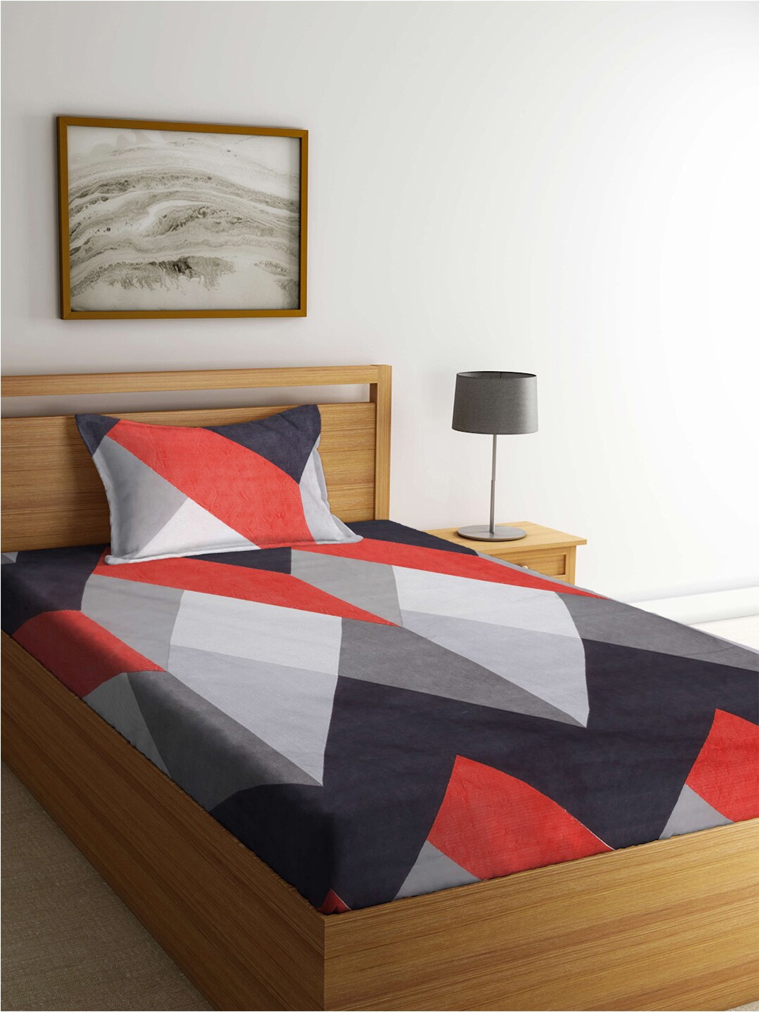 

FABINALIV Black & Grey Geometric Fitted 300 TC Single Bedsheet With 1 Pillow Cover