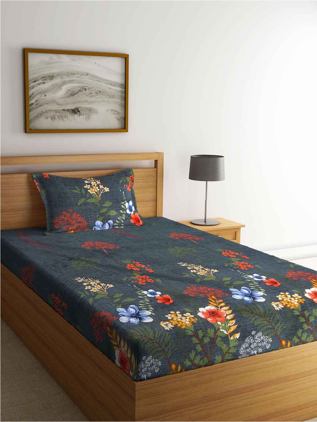 

FABINALIV Grey & Red Floral Fitted 300 TC Single Bedsheet With 1 Pillow Cover