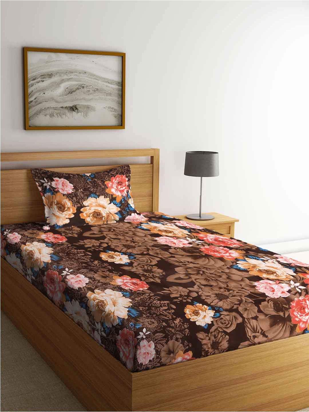 

FABINALIV Brown & Pink Floral Fitted 300 TC Single Bedsheet With 1 Pillow Cover