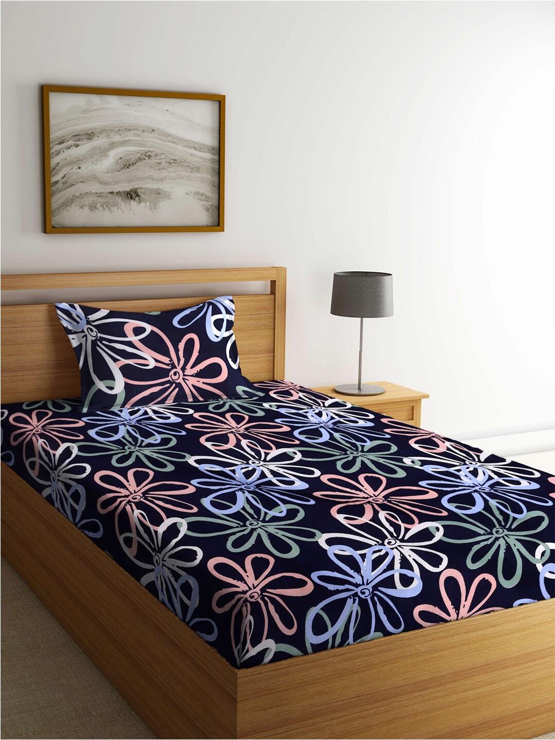 

FABINALIV Blue & Green Floral Fitted 300 TC Single Bedsheet With 1 Pillow Cover