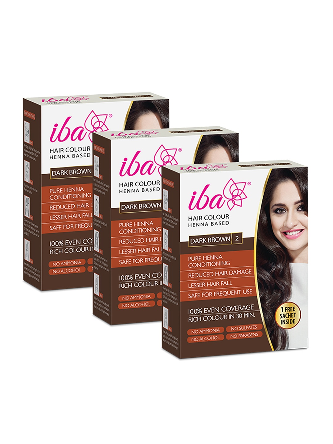 

Iba Hair Colour Set of 3 100% Pure Henna Based Powder Sachet - Dark Brown, 70g