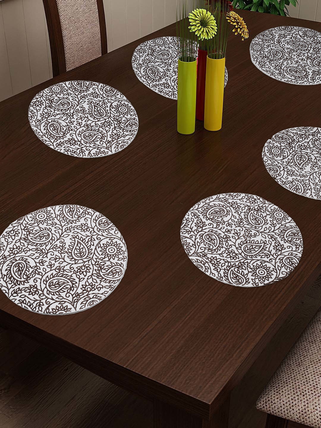 

FABINALIV Brown 6 Pieces Floral Printed Braided Cotton Brown Table Placemats