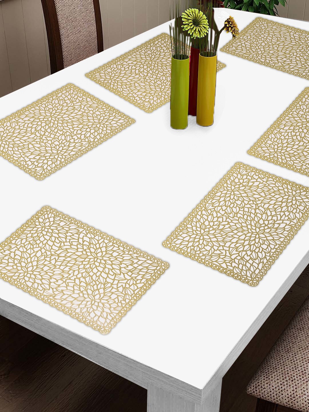 

FABINALIV White 6 Pieces Floral Embellished Rectangular Table Placemats, Gold