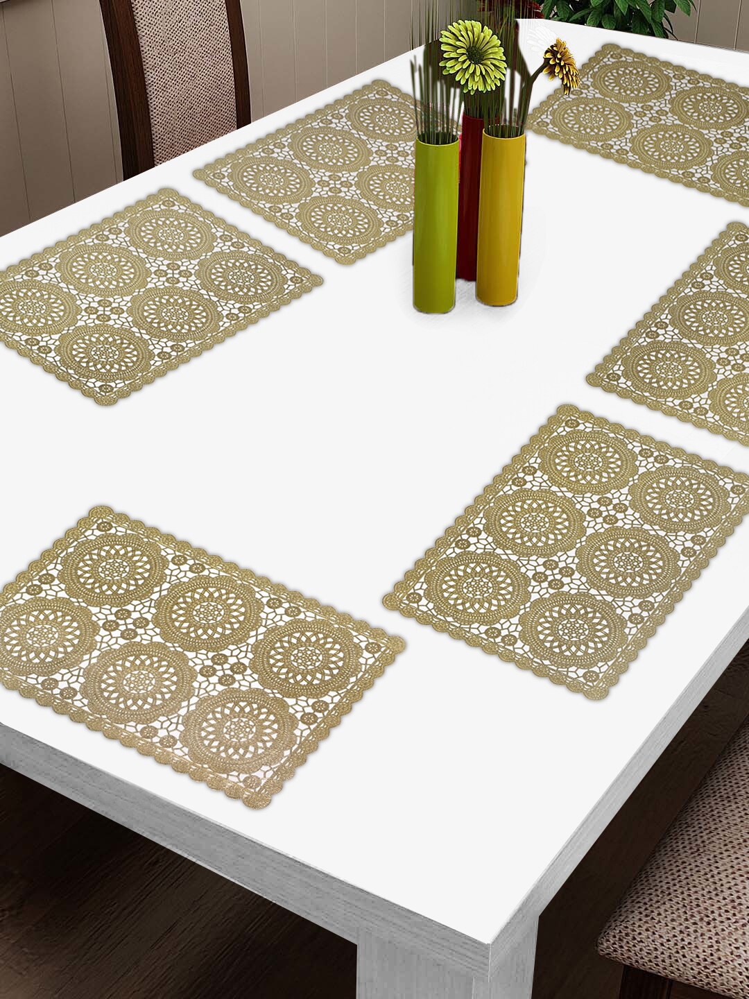 

FABINALIV Set of 6 Gold Ethnic Embellished Plastic Table Mats, Beige