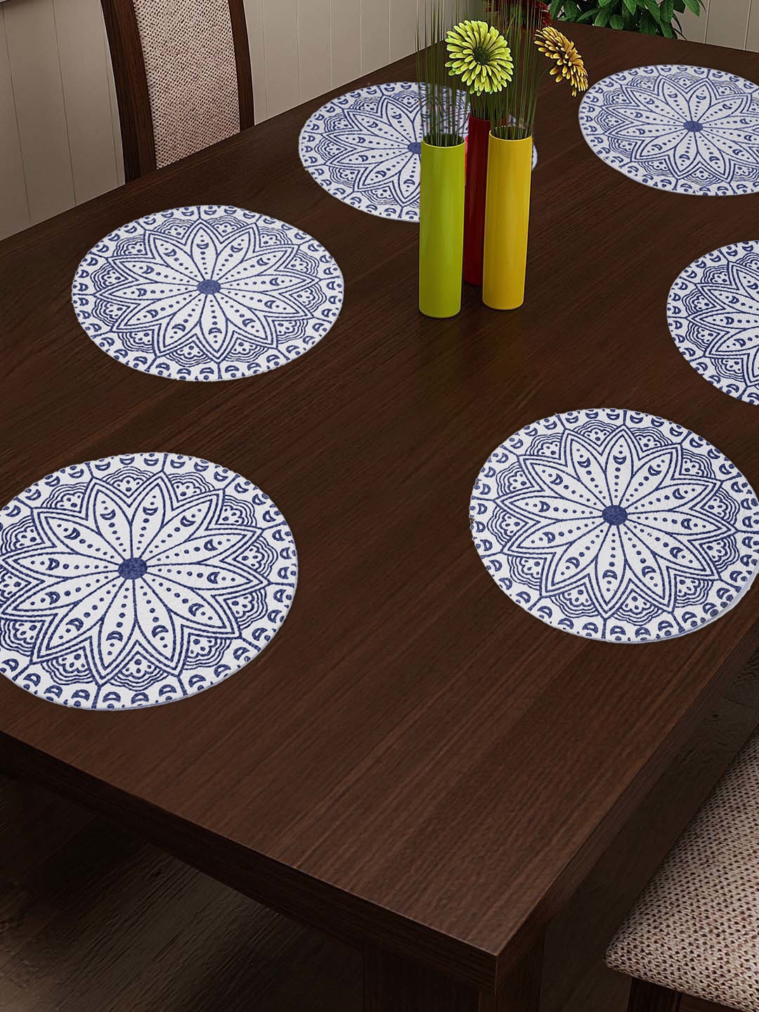 

FABINALIV Set of 6 Blue Floral Braided Cotton Table Mats