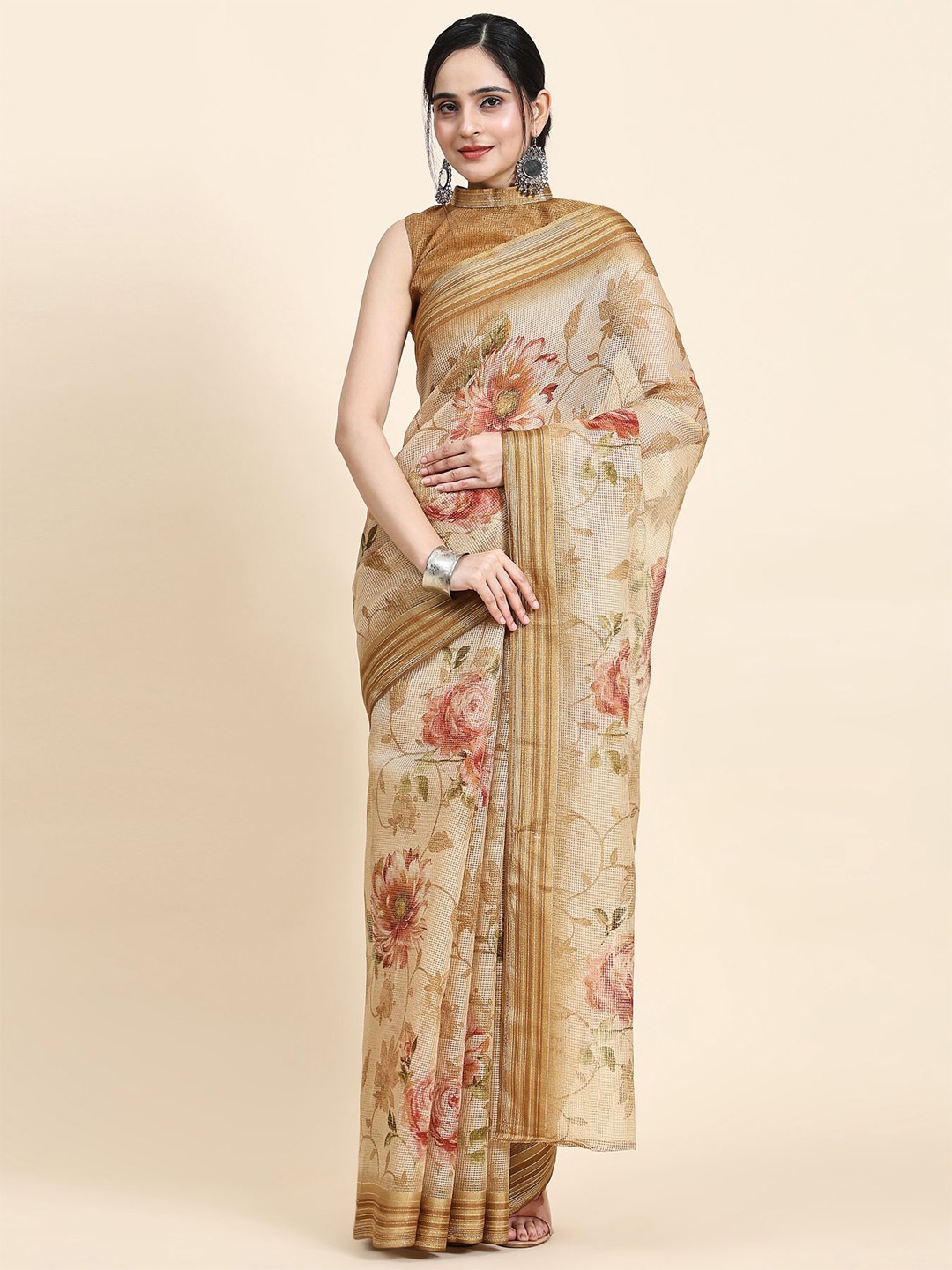 

RACHNA Floral PrintedZari Art Silk Kota Saree, Beige