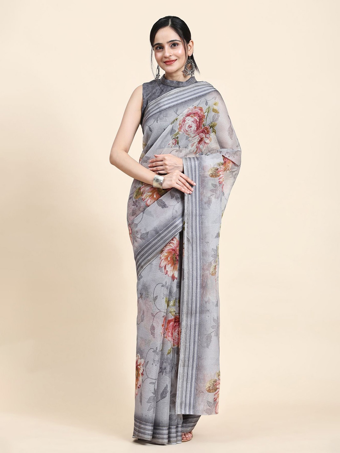 

RACHNA Floral Printed Zari Art Silk Kota Saree, Grey