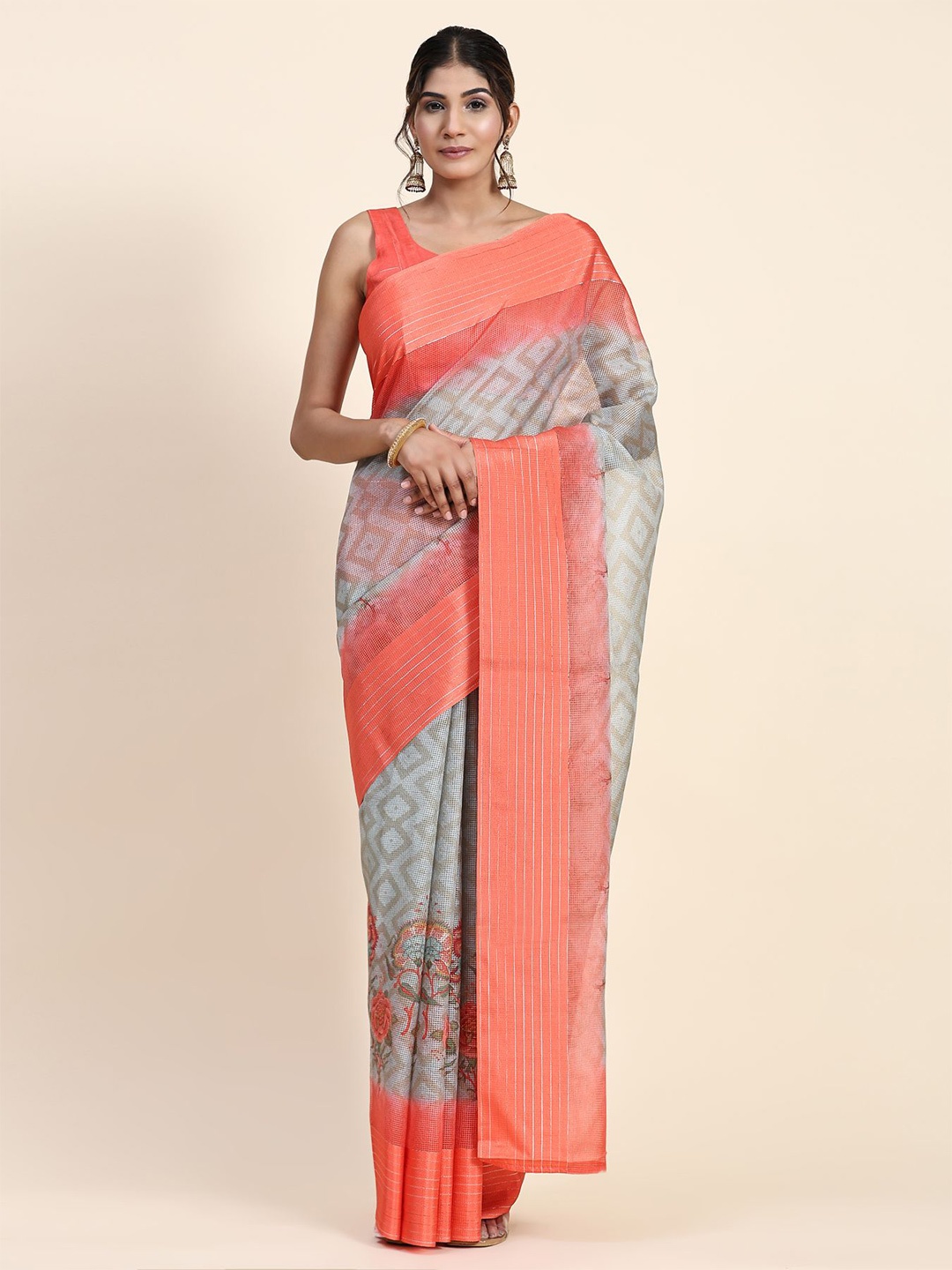 

RACHNA Geometric Printed Art Silk Kota Saree, Orange