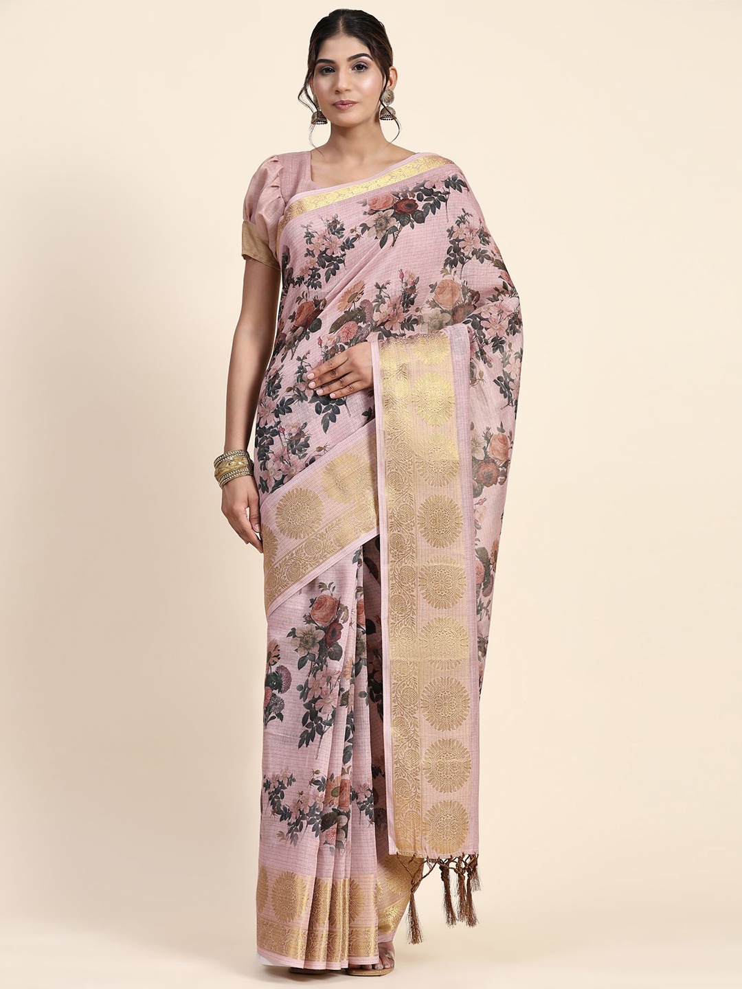 

RACHNA Floral Printed Zari Art Silk Banarasi Saree, Pink