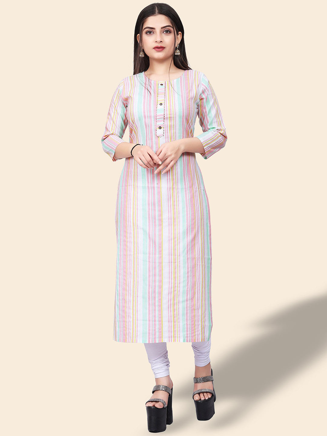 

KALINI Round Neck Striped Gotta Patti Kurta, White