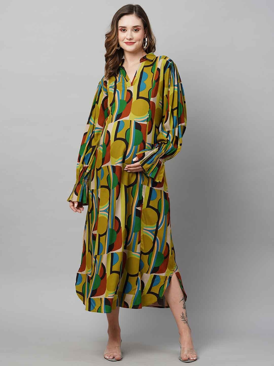 

MomToBe Geometric Printed Maternity A-Line Midi Dress, Olive