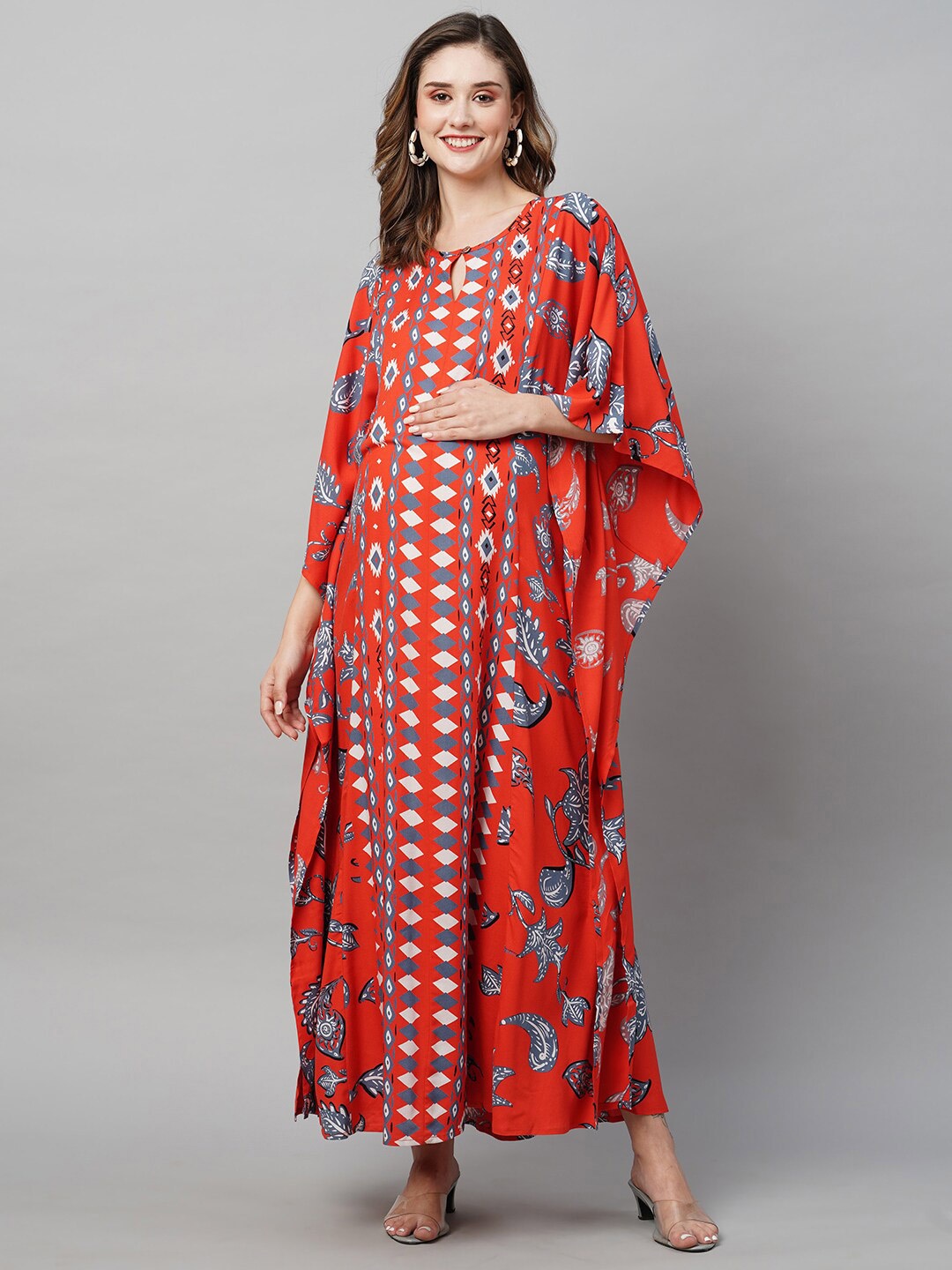 

MomToBe Floral Printed Maternity Kaftan Sustainable Nightdress, Red