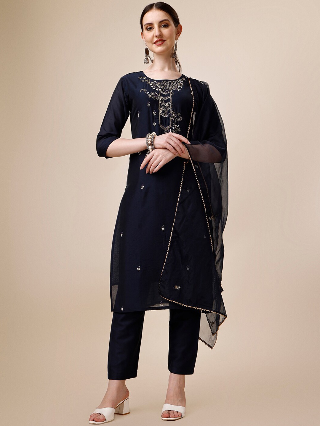 

Berrylicious Ethnic Motifs Beads and Stones Chanderi Cotton Kurta With Trousers & Dupatta, Navy blue