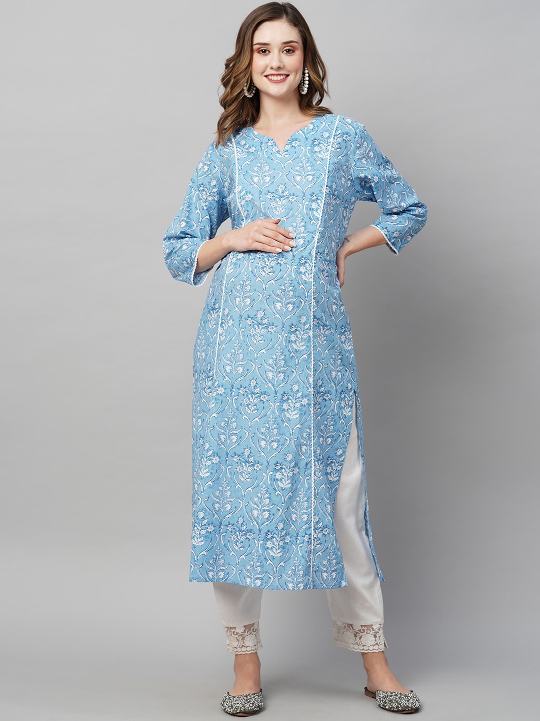 

MomToBe Women Ethnic Motifs Printed Cotton Maternity Kurta, Blue