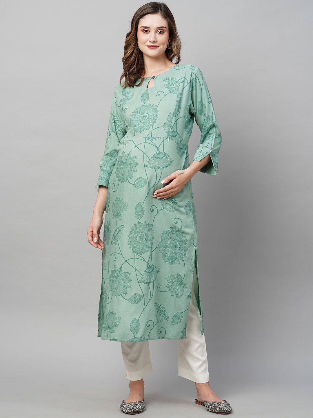 

MomToBe Women Ethnic Motifs Printed Cotton Maternity Sustainable Kurta, Green