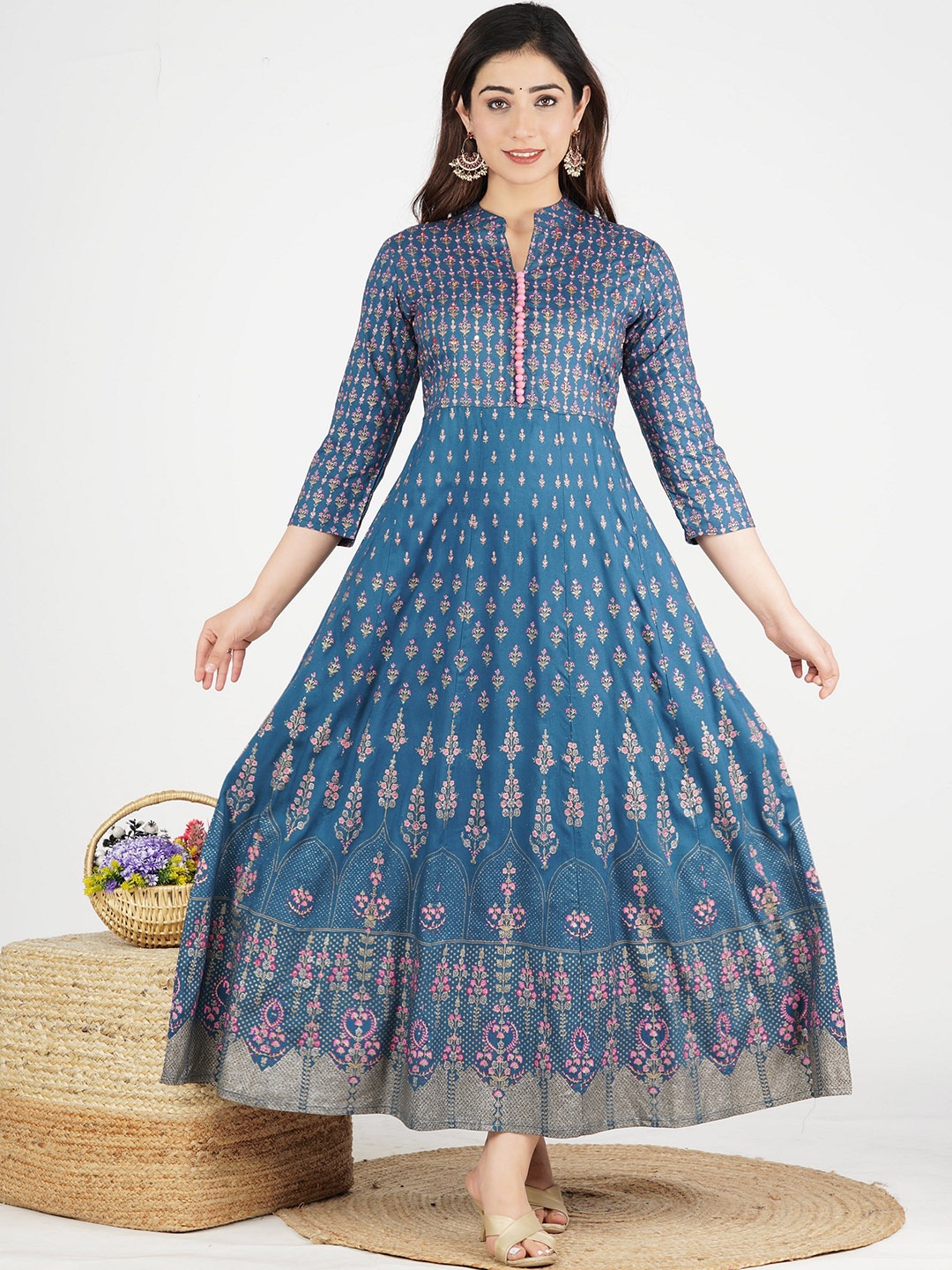 

JAIPURI COLLECTION Ethnic Motifs Printed Mandarin Collar Anarkali Kurta, Blue