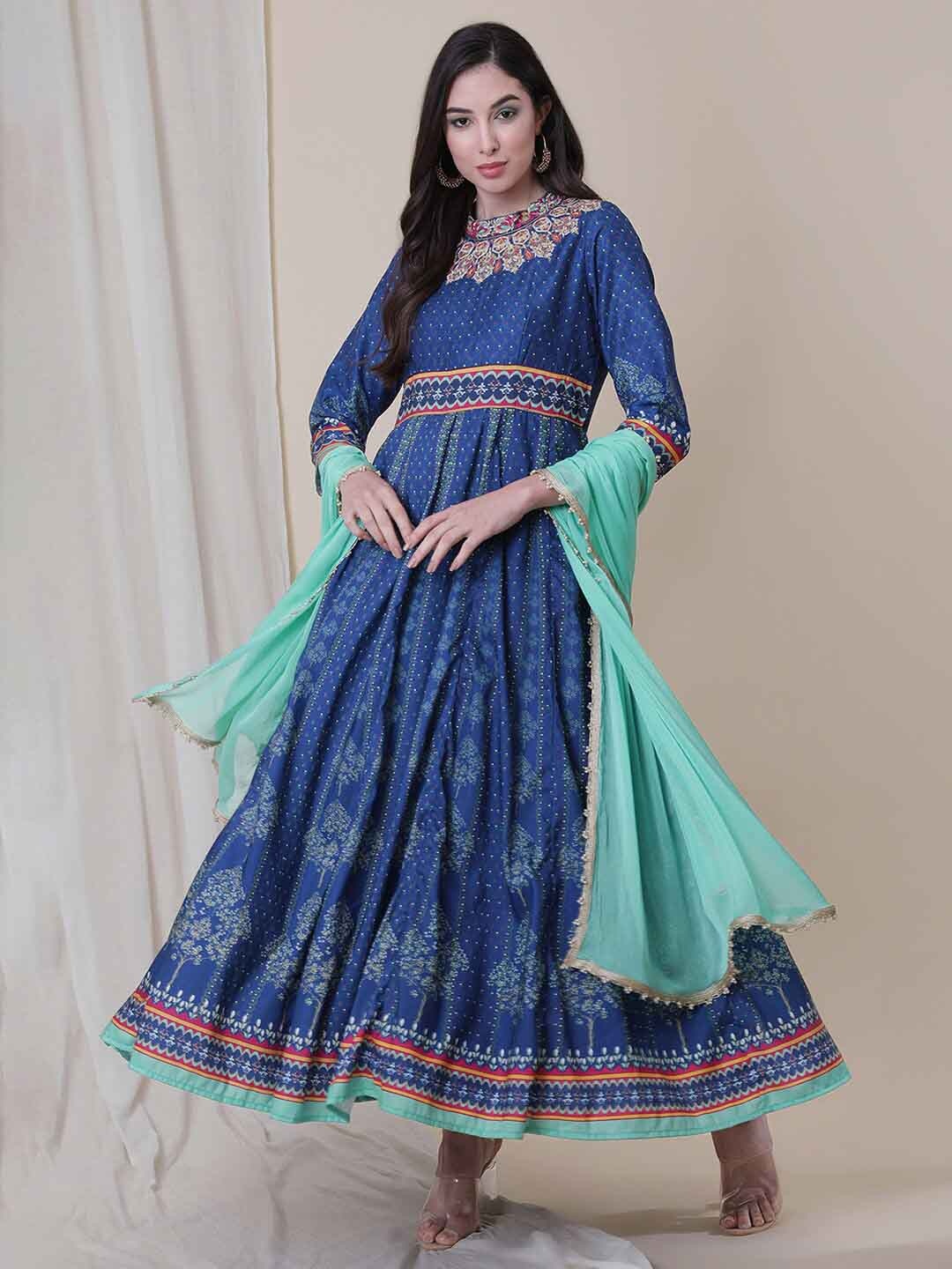 

Be Indi Silk Printed and Embroidered Round Neck Maxi Dress with Dupatta, Blue