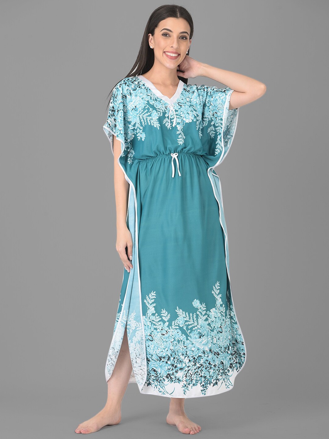 

Noty Floral Printed Satin Maternity Kaftan Nightdress, Green