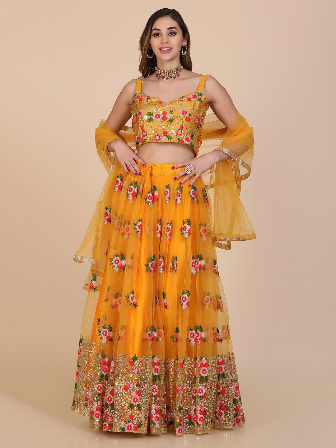

Atsevam Embroidered Sequinned Semi-Stitched Lehenga & Unstitched Blouse With Dupatta, Yellow
