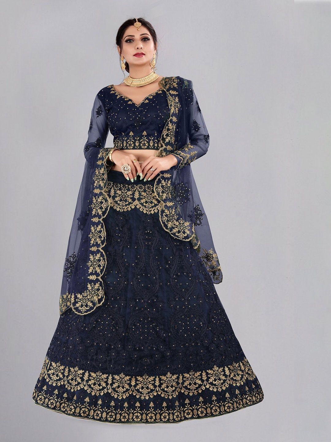 

Atsevam Embroidered Thread Work Semi-Stitched Lehenga & Unstitched Blouse With Dupatta, Blue