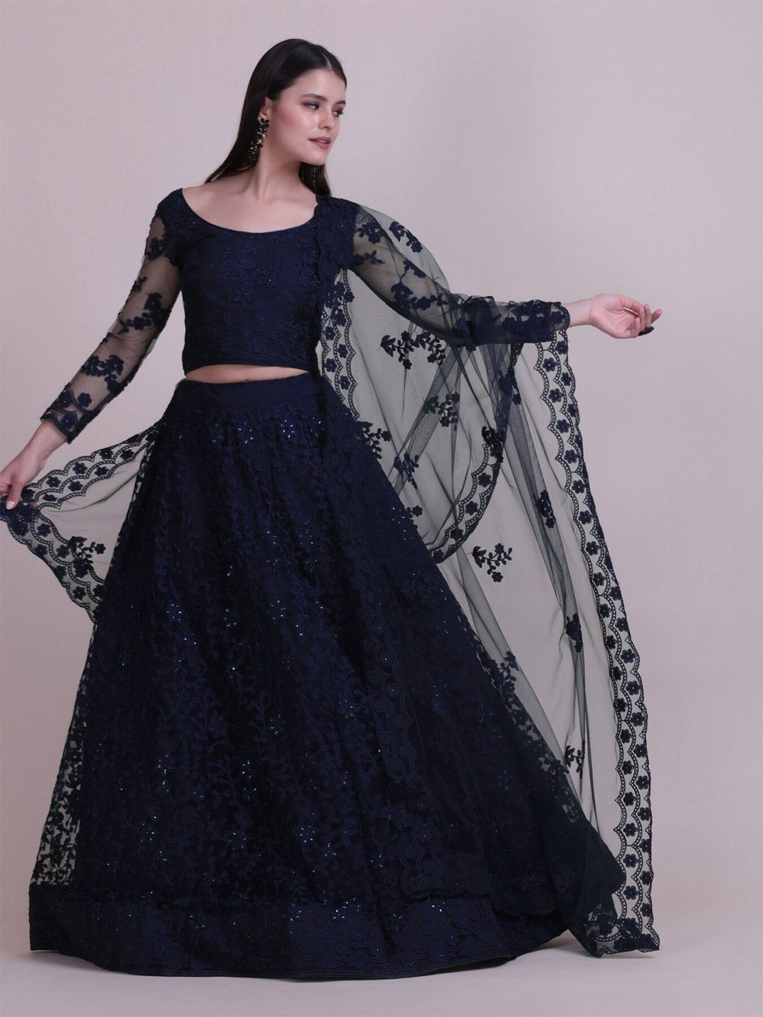 

Atsevam Embroidered Thread Work Semi-Stitched Lehenga & Unstitched Blouse With Dupatta, Navy blue