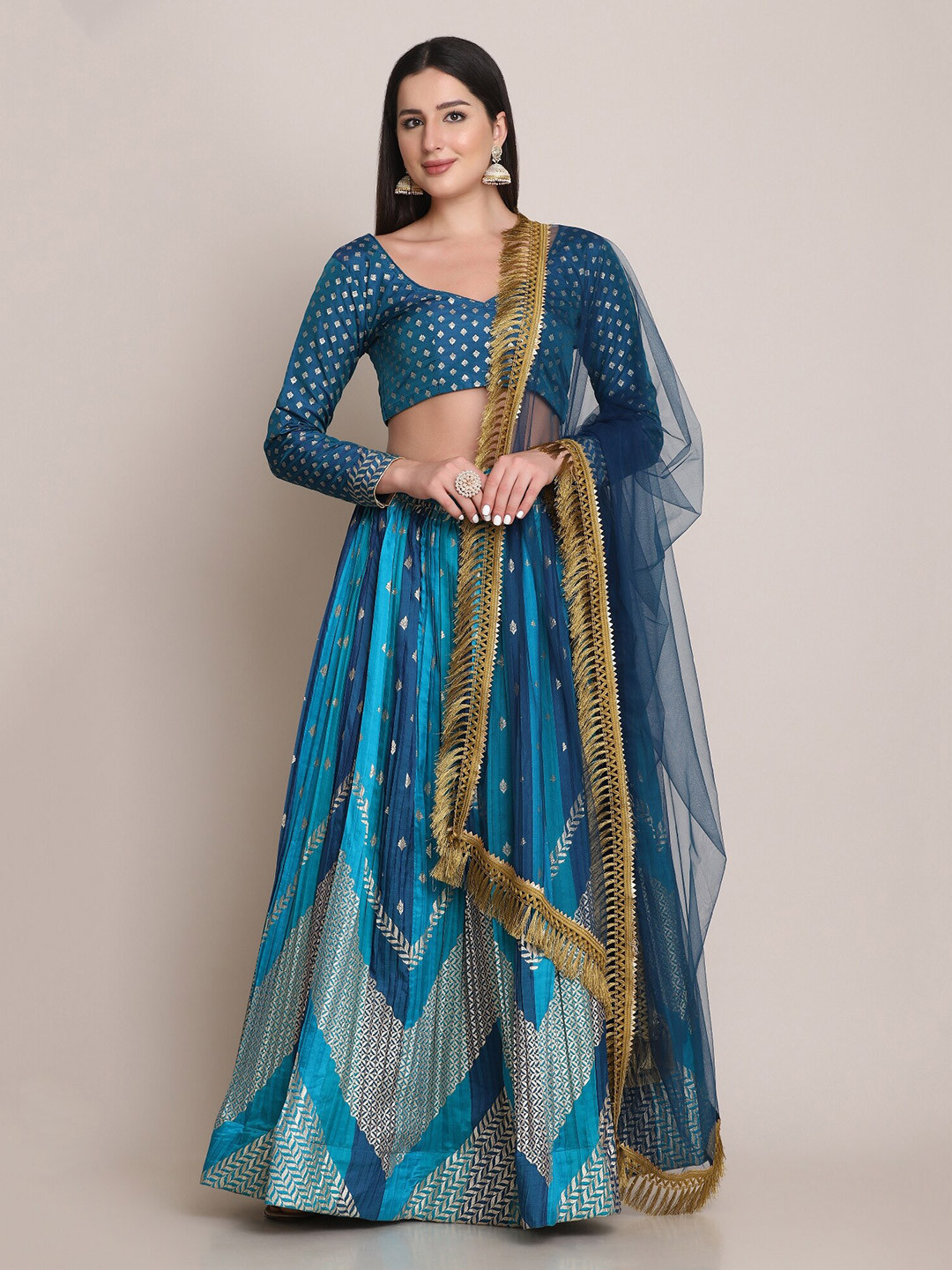 

Atsevam Semi-Stitched Lehenga & Unstitched Blouse With Dupatta, Turquoise blue