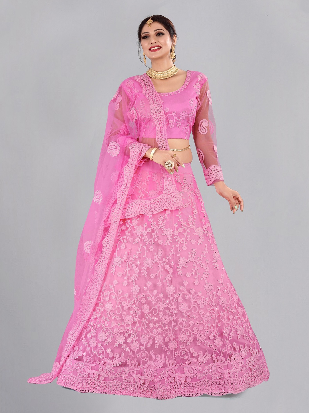 

Atsevam Embroidered Thread Work Semi-Stitched Lehenga Choli With Dupatta, Pink