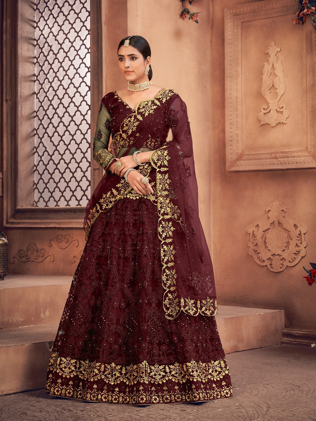 

Atsevam Embroidered Semi-Stitched Lehenga & Unstitched Blouse With Dupatta, Maroon