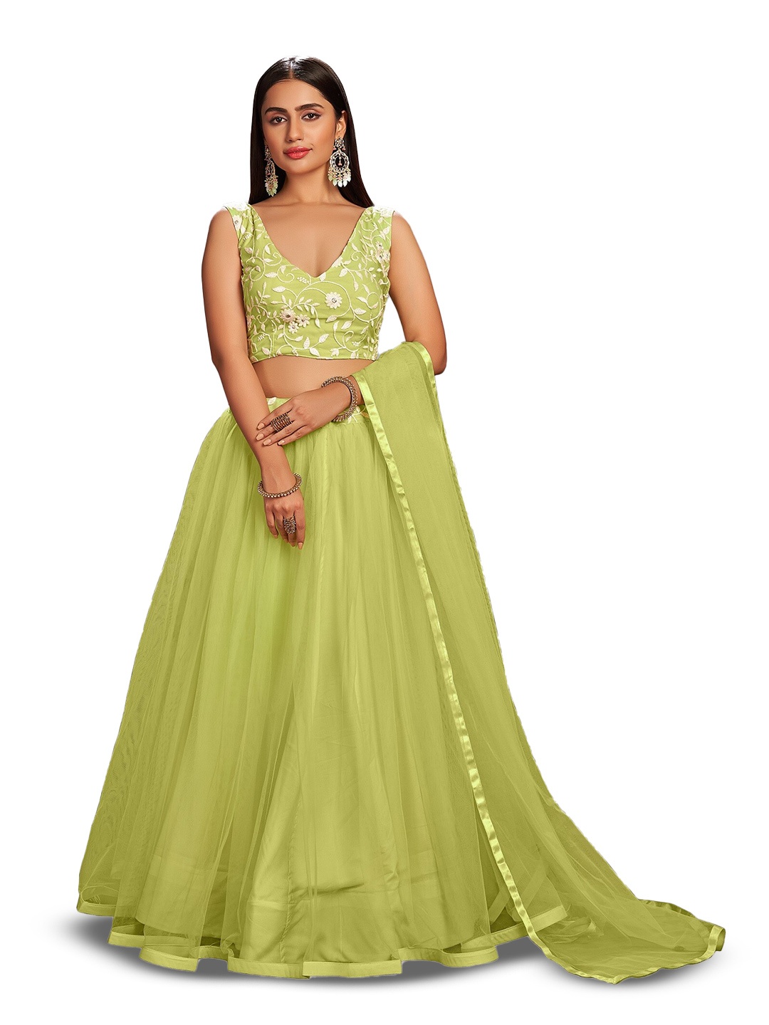 

Atsevam Embroidered Thread Work Semi-Stitched Lehenga & Unstitched Blouse With Dupatta, Lime green