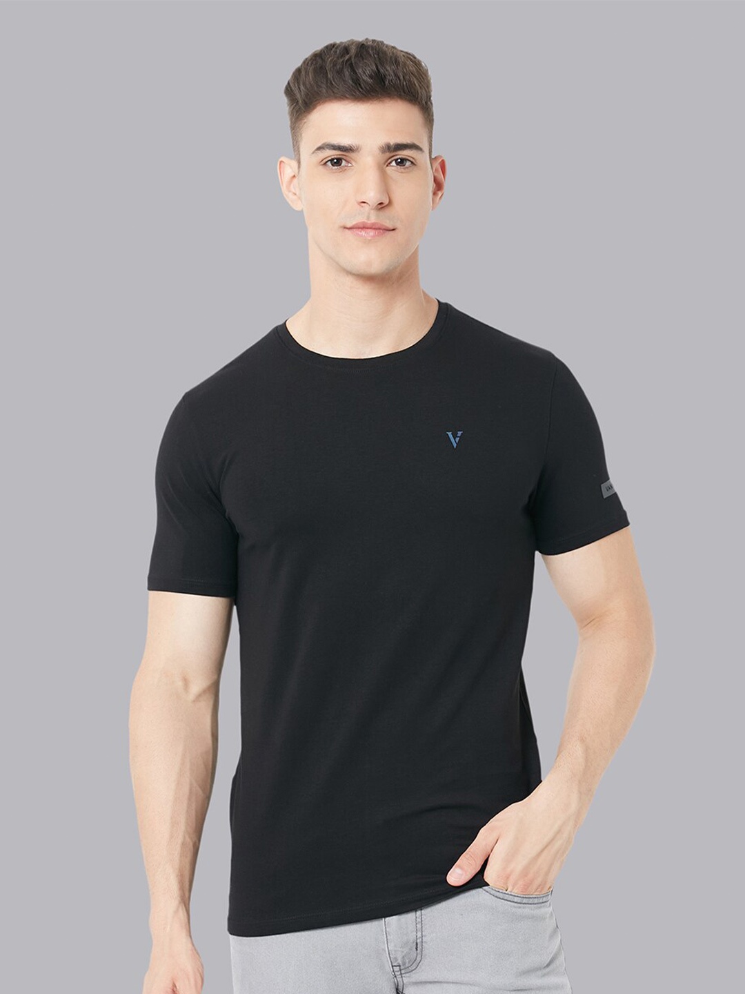 

V Dot Round Neck Pure Cotton Casual T-Shirt, Black