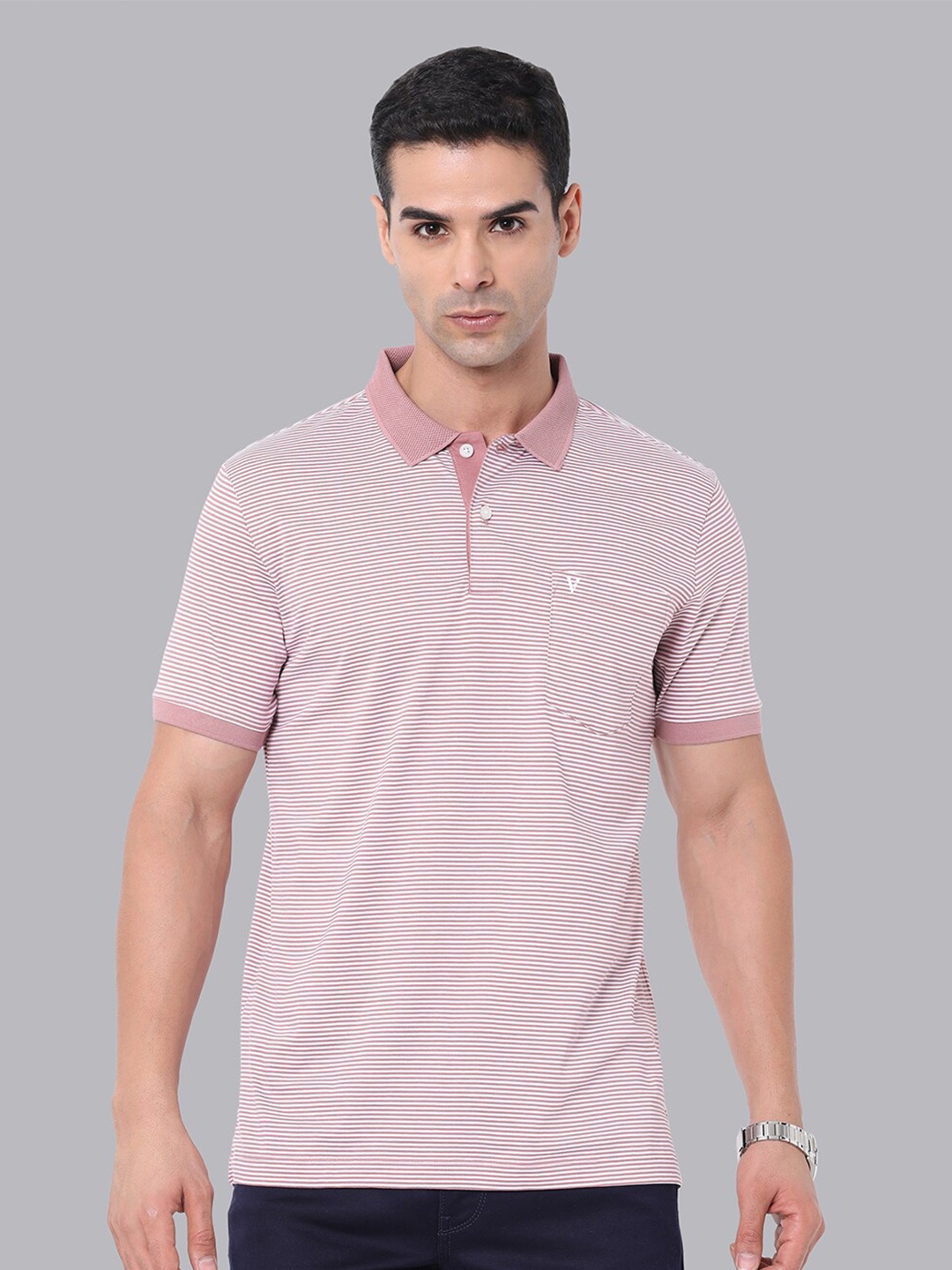 

Van Heusen Men Striped Pure Cotton Polo Collar Slim Fit T-shirt, Pink