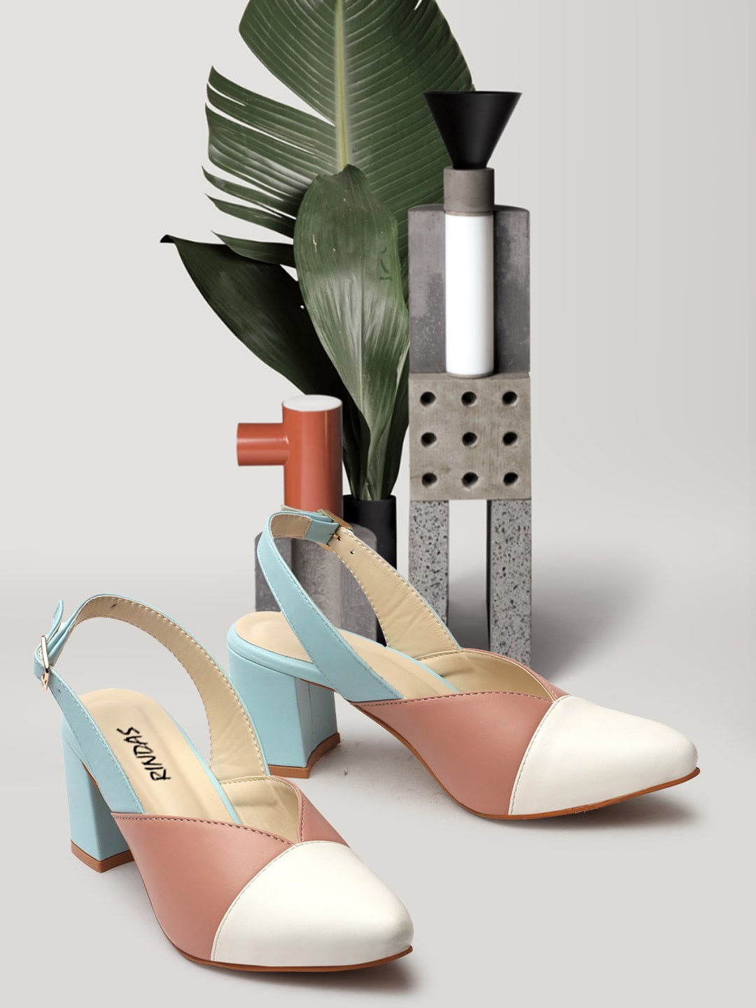 

RINDAS Colourblocked Block Mules With Buckle, Blue