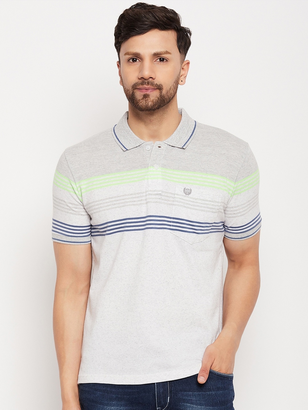 

Duke Striped Polo Collar Cotton T-shirt, Grey