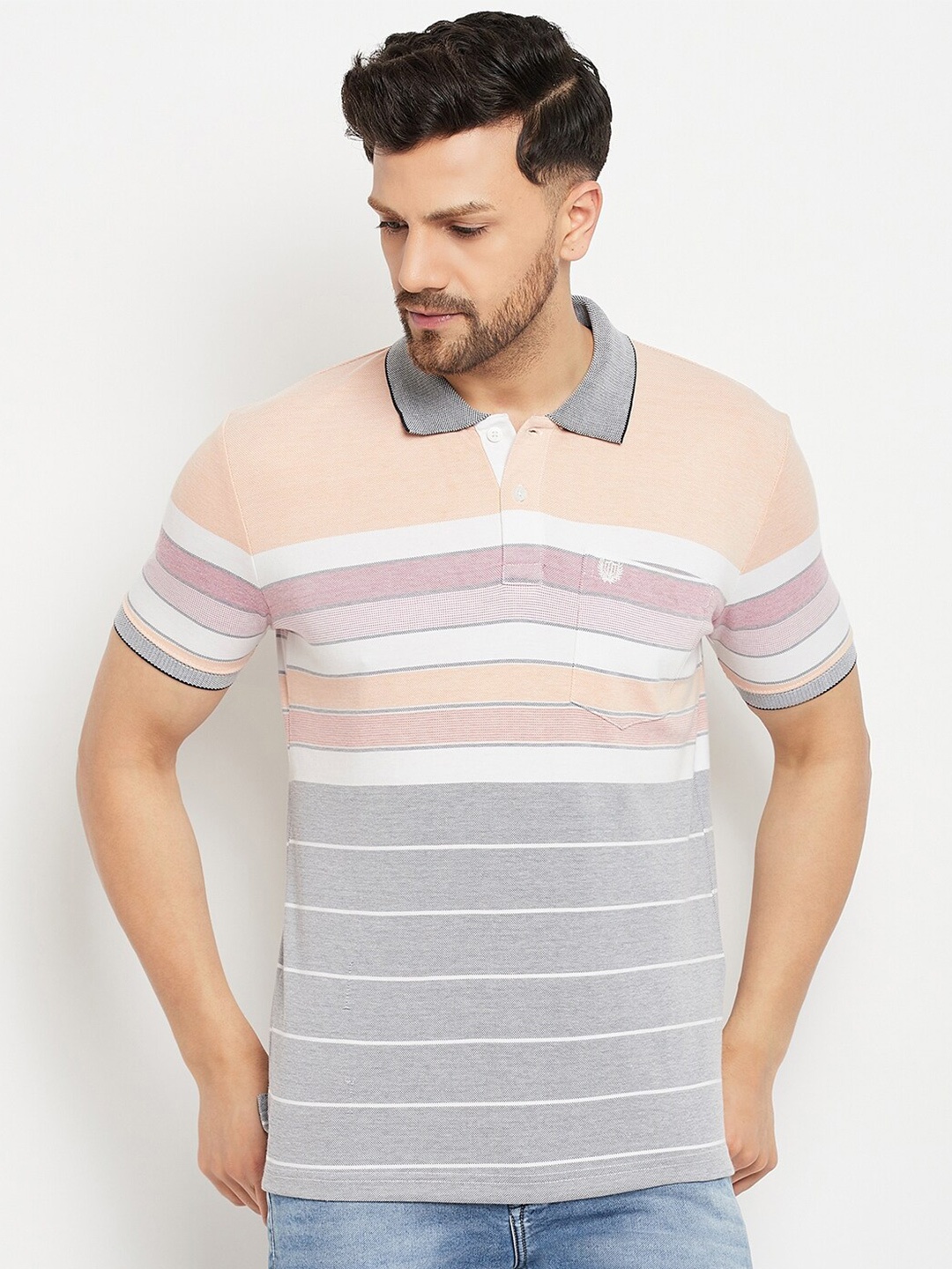 

Duke Striped Polo Collar Regular Fit Cotton T-shirt, Grey
