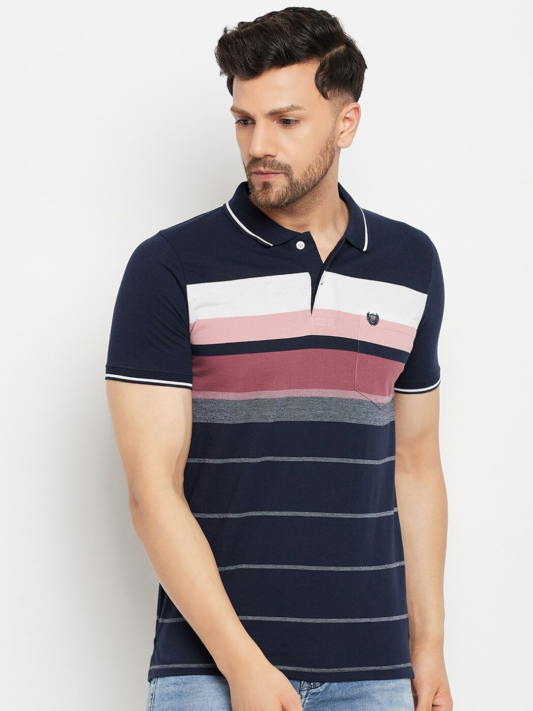 

Duke Striped Polo Collar Regular Fit Cotton T-shirt, Navy blue