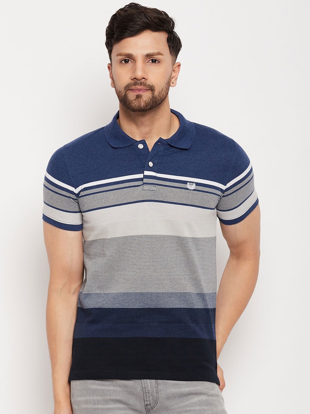 

Duke Striped Polo Collar Cotton T-shirt, Navy blue