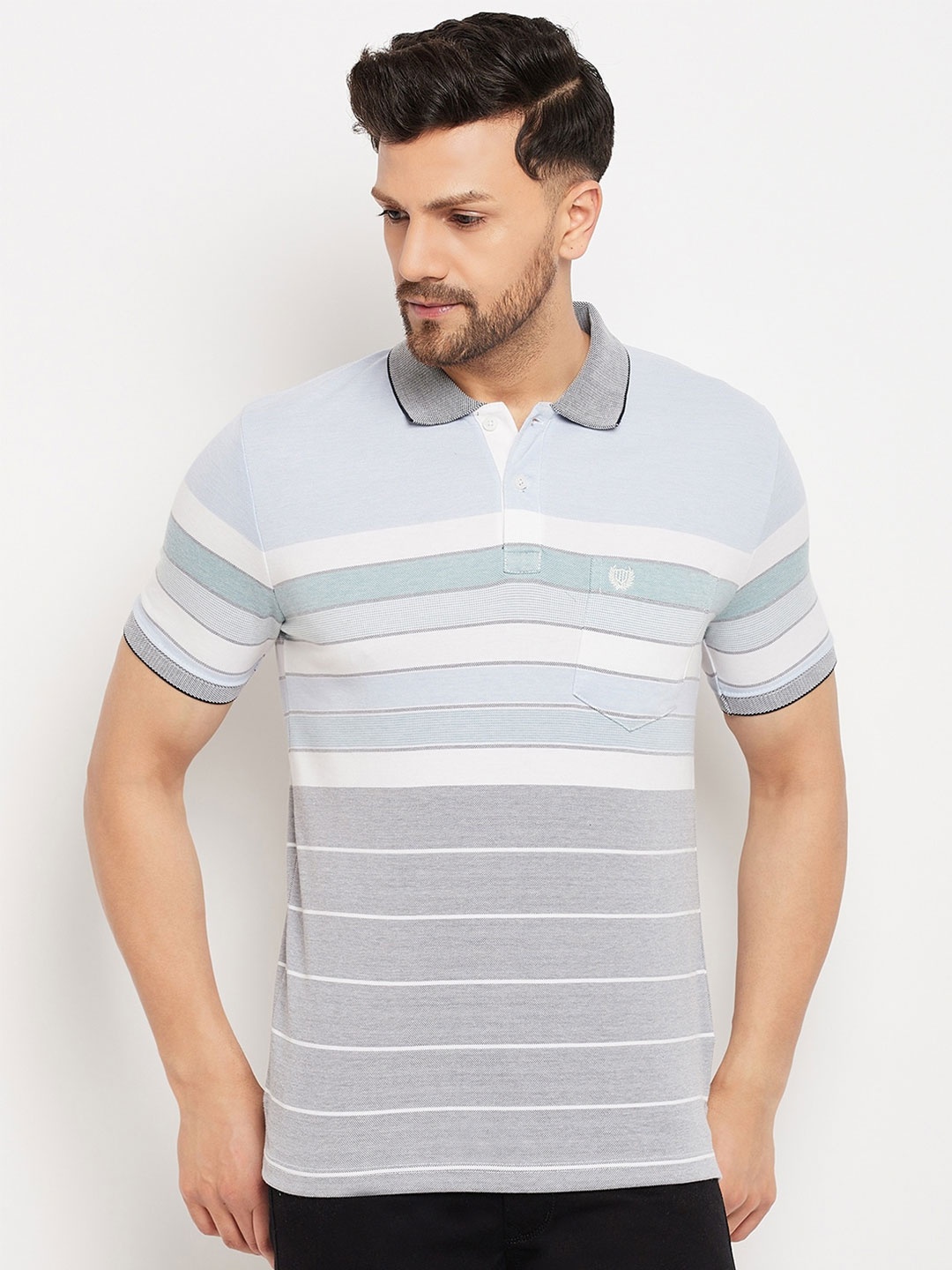 

Duke Striped Polo Collar Cotton T-shirt, Grey