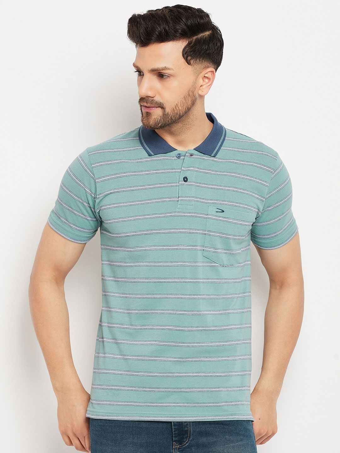 

Duke Striped Polo Collar Cotton T-shirt, Green
