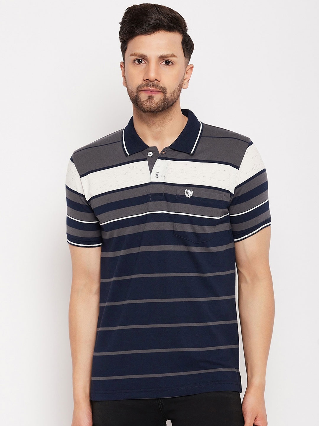 

Duke Striped Polo Collar Cotton T-shirt, Navy blue