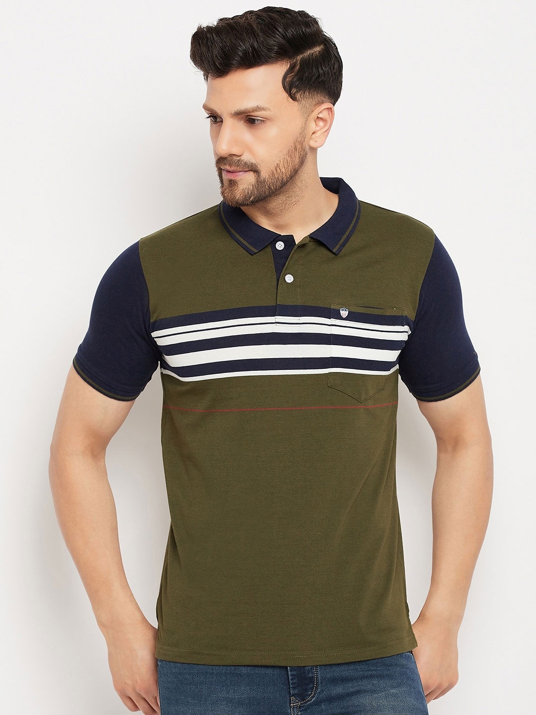 

Duke Striped Polo Collar Cotton T-shirt, Olive