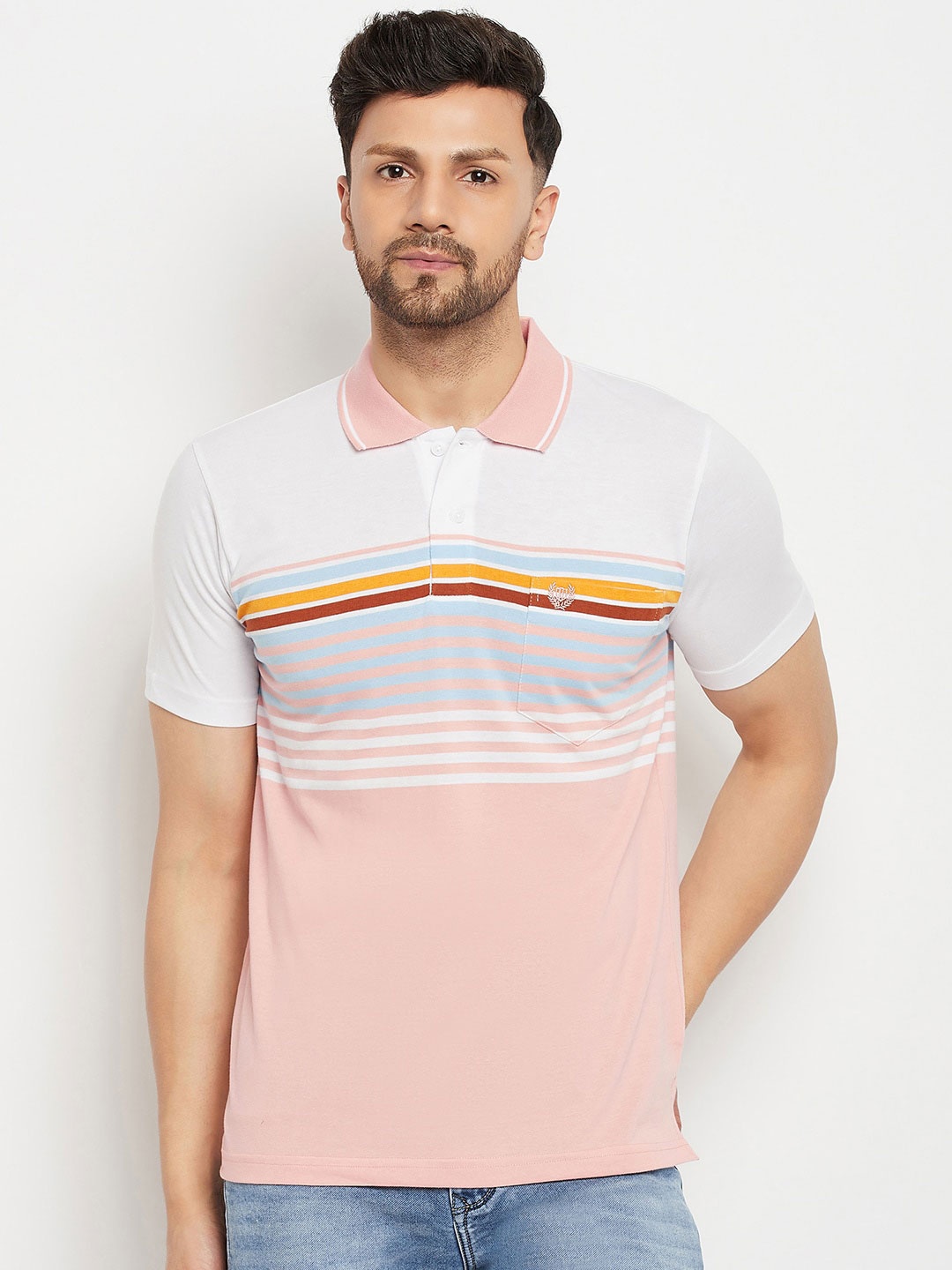 

Duke Striped Polo Collar Cotton T-shirt, Pink