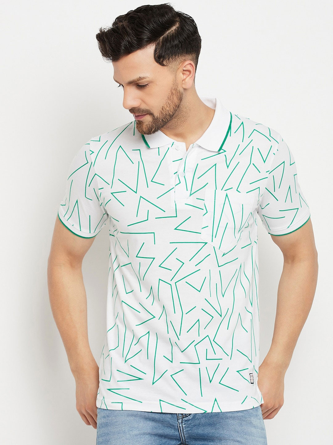 

Duke Abstract Printed Polo Collar Cotton T-shirt, White