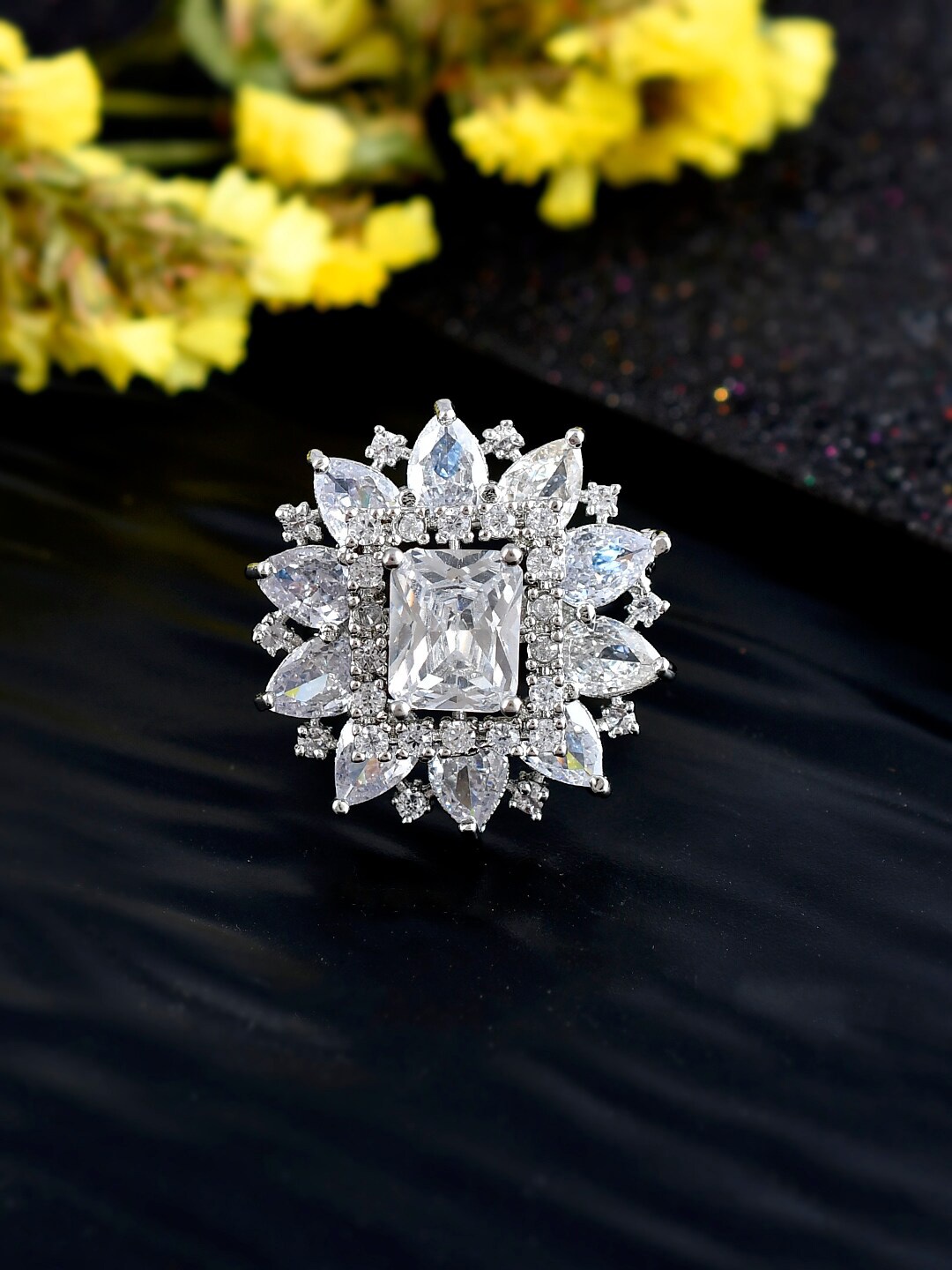 

Shoshaa Silver-Plated Cubic Zirconia-Studded Adjustable Finger Ring