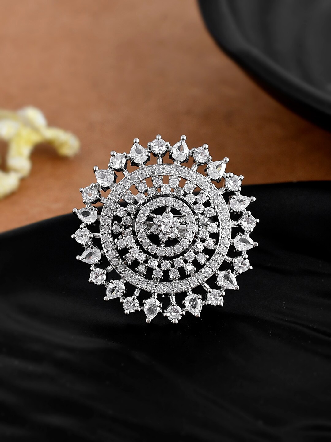 

Shoshaa Silver-Plated Cubic Zirconia -Studded Adjustable Finger Ring