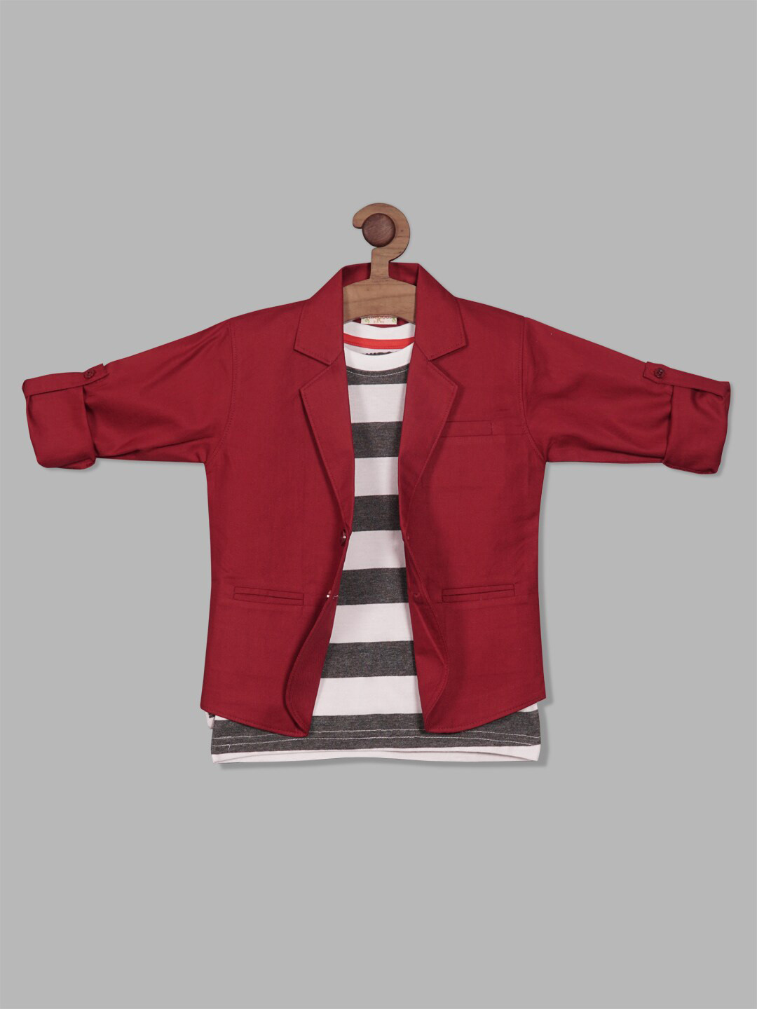 

RIKIDOOS Boys Tailored Fit Cotton Single-Breasted Blazer With Striped T-shirt, Maroon